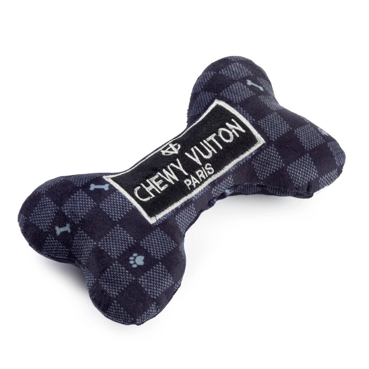 Black Checker Chewy Vuiton Bone Squeaker Dog Toy Small