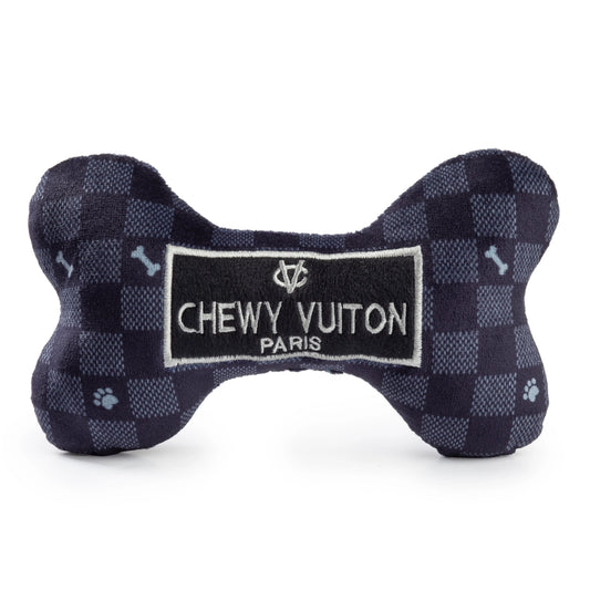 Black Checker Chewy Vuiton Bone Squeaker Dog Toy Small